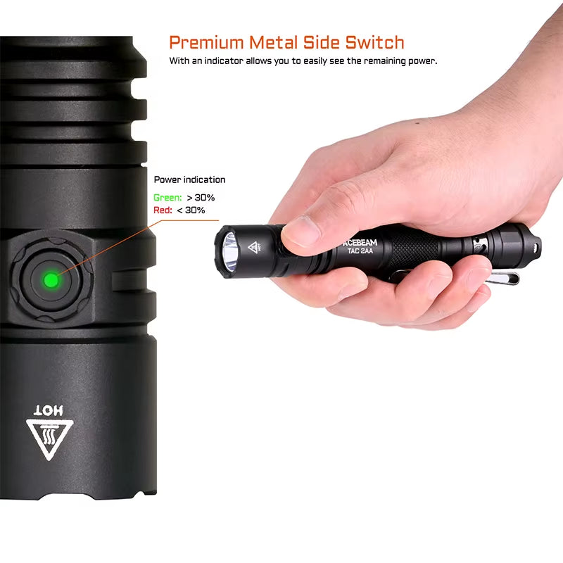 TAC 2AA LED Flashlight 1600 Lumen 181 Meters Portable EDC Flashlight USB-C Rechargeable Battery Double Buttons Torch