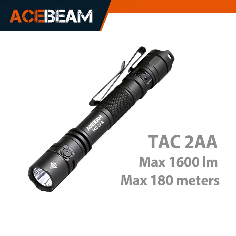 TAC 2AA LED Flashlight 1600 Lumen 181 Meters Portable EDC Flashlight USB-C Rechargeable Battery Double Buttons Torch