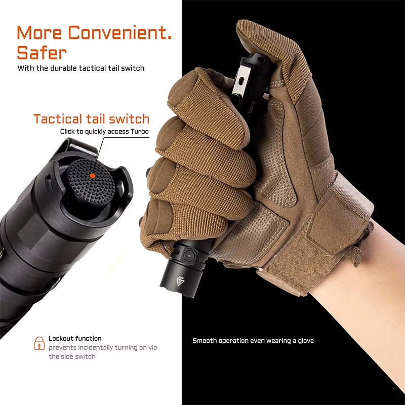TAC 2AA LED Flashlight 1600 Lumen 181 Meters Portable EDC Flashlight USB-C Rechargeable Battery Double Buttons Torch