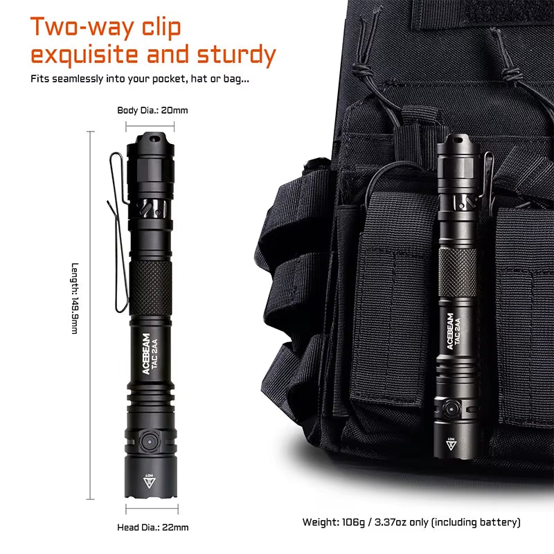 TAC 2AA LED Flashlight 1600 Lumen 181 Meters Portable EDC Flashlight USB-C Rechargeable Battery Double Buttons Torch