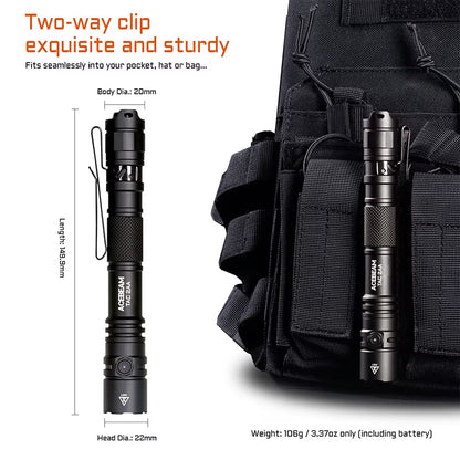 TAC 2AA LED Flashlight 1600 Lumen 181 Meters Portable EDC Flashlight USB-C Rechargeable Battery Double Buttons Torch