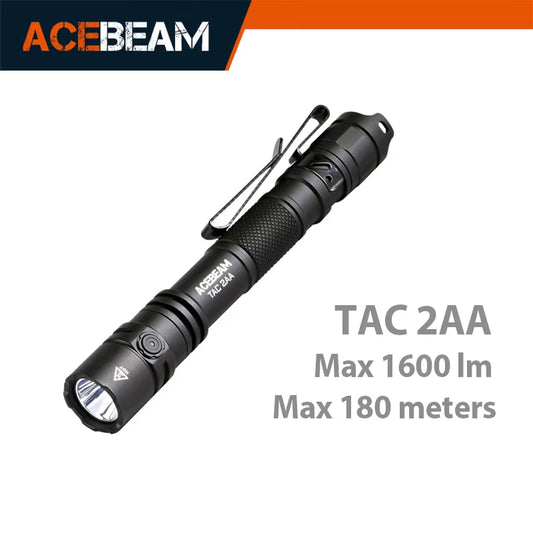 TAC 2AA LED Flashlight 1600 Lumen 181 Meters Portable EDC Flashlight USB-C Rechargeable Battery Double Buttons Torch