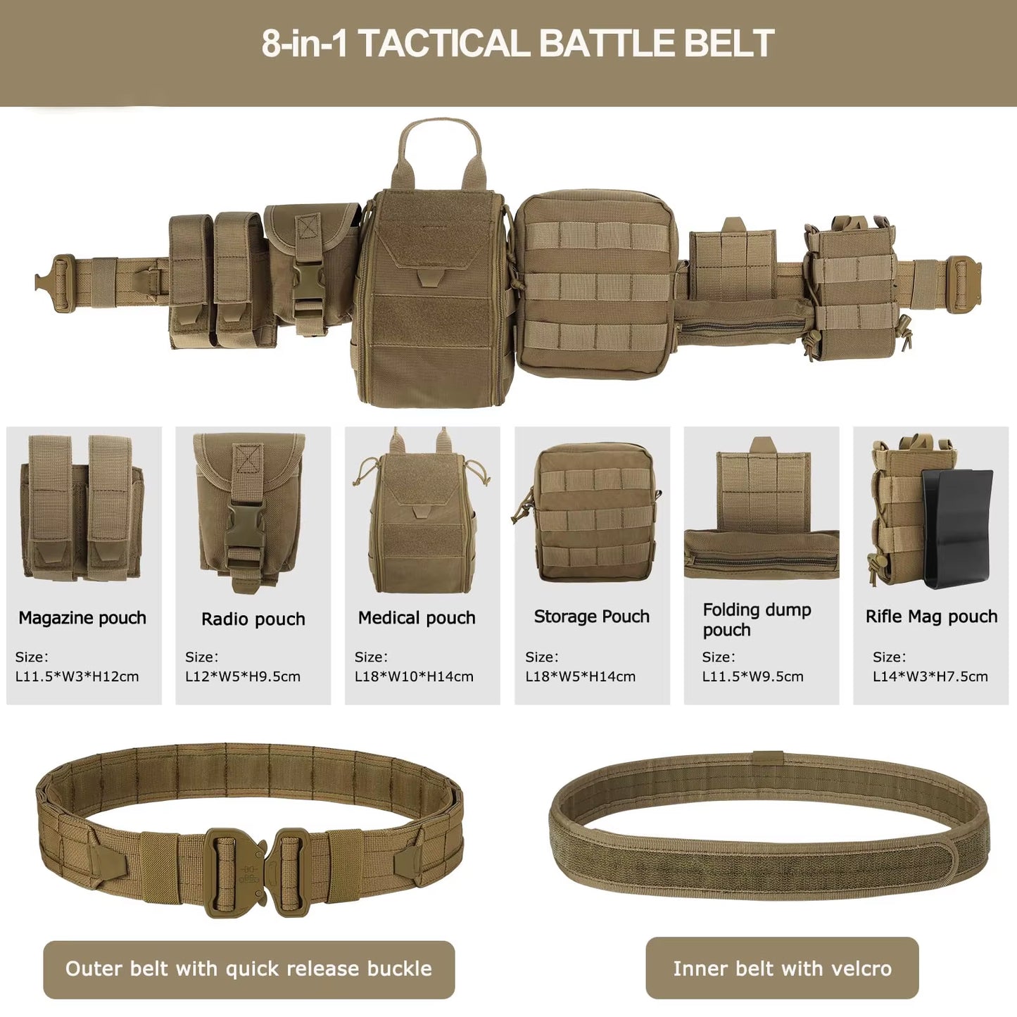 8-In-1 Hunting Tactical Battle Belt with Accessories Tactical Combat Belt Quick Release Rigger Belt Heavy Duty Belts 8 Pcs