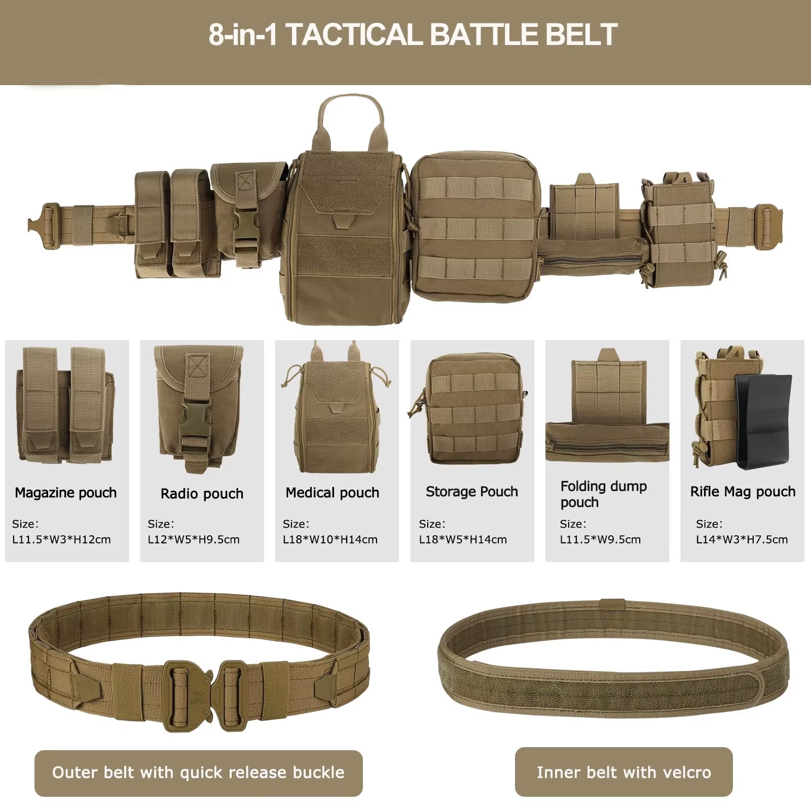 8-In-1 Hunting Tactical Battle Belt with Accessories Tactical Combat Belt Quick Release Rigger Belt Heavy Duty Belts 8 Pcs