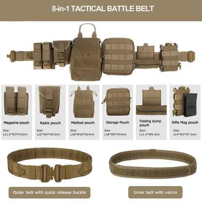 8-In-1 Hunting Tactical Battle Belt with Accessories Tactical Combat Belt Quick Release Rigger Belt Heavy Duty Belts 8 Pcs