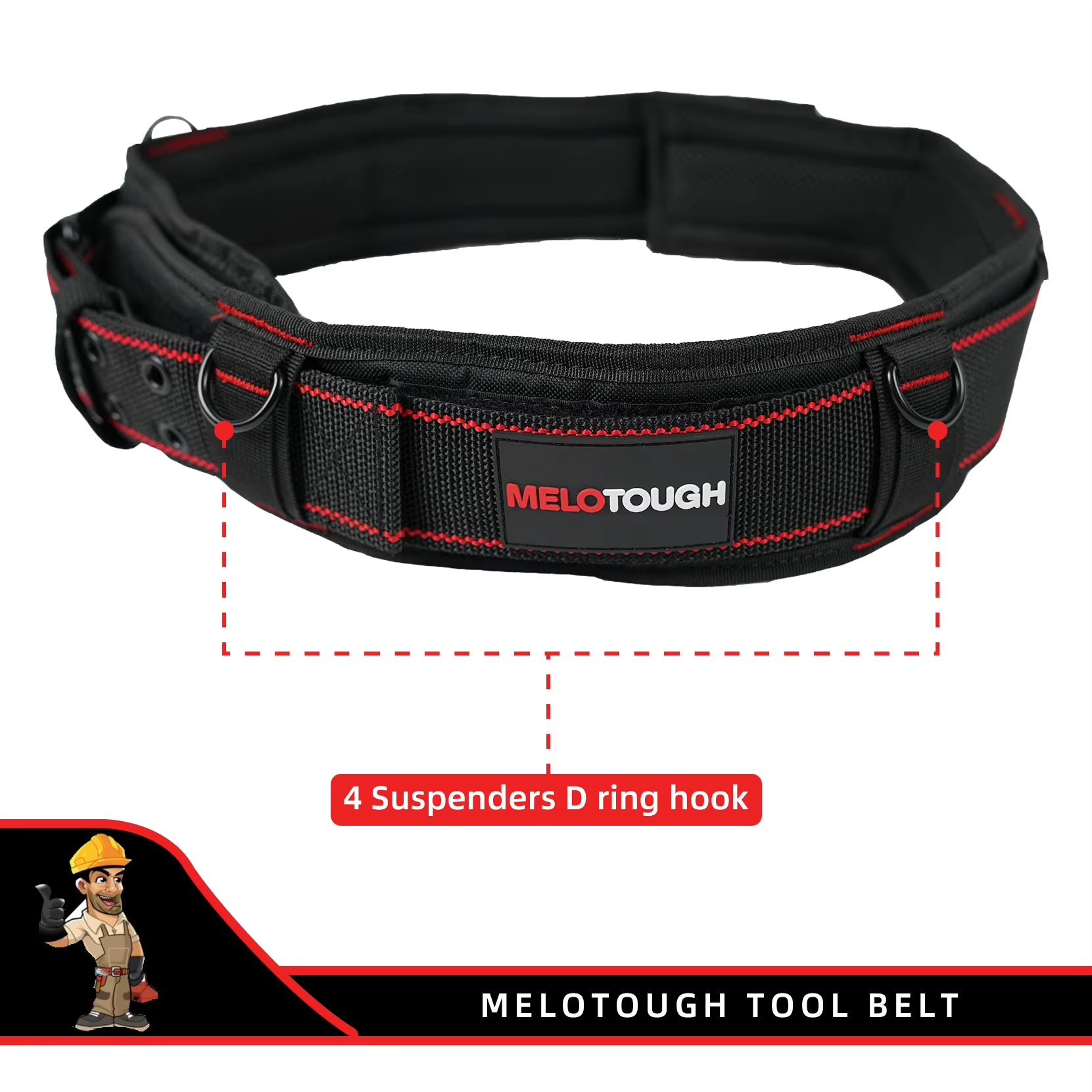MELOTOUGH Padded Tool Belt with D Ring for Men Construction Strong Durable Double Metal Roller Buckle,Adjustable Waist